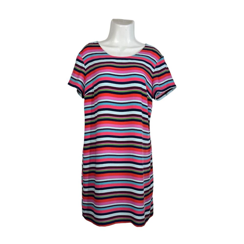 Cynthia Rowley Dress Size 10 Multi Color Stripe Short Sleeve Back Zip Shift Mini